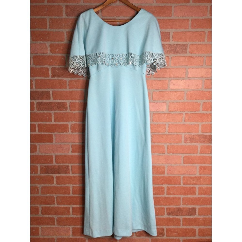 Vintage Miss Rubette Maxi Dress Lace Trim Cape Overlay Blue Size 14